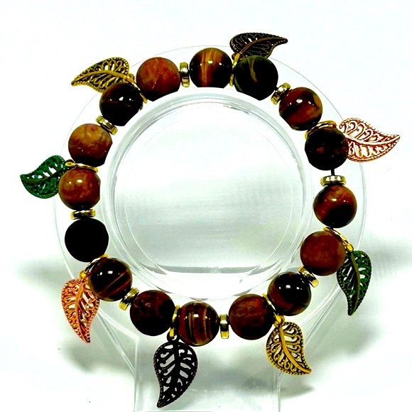 Handmade Fall Leaf Charm Bracelet Featuring Natural Tiger Eye Gemstones! - Picture 6 of 6